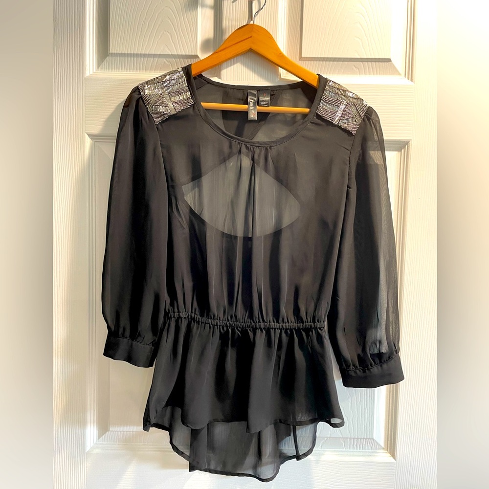 Sheer black sequin shoulder blouse